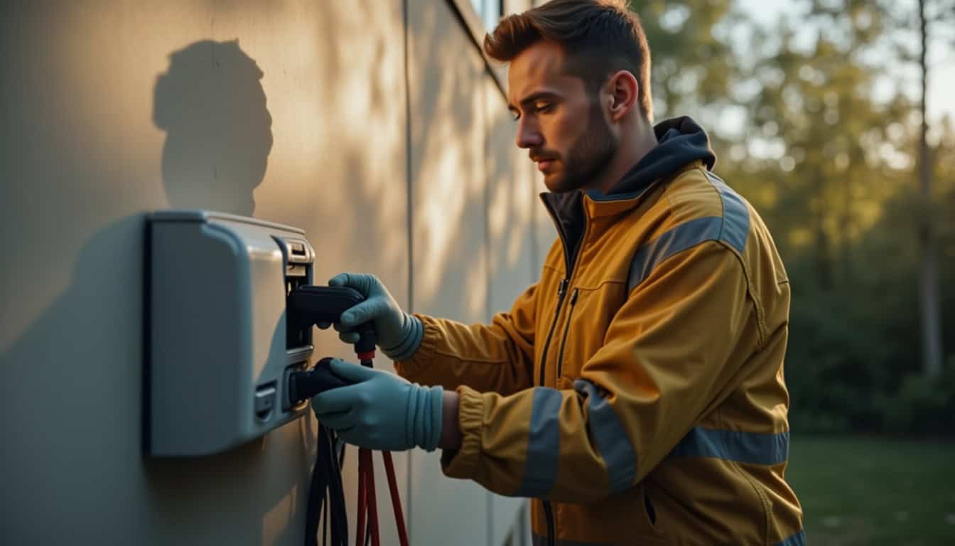 Électricien certifié IRVE en train d’installer une borne de recharge murale