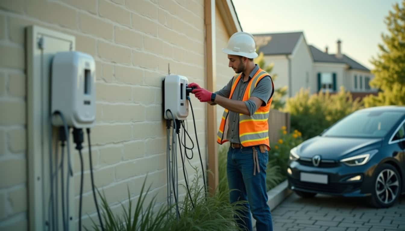 Électricien certifié IRVE en train d’installer une borne de recharge pour véhicule électrique