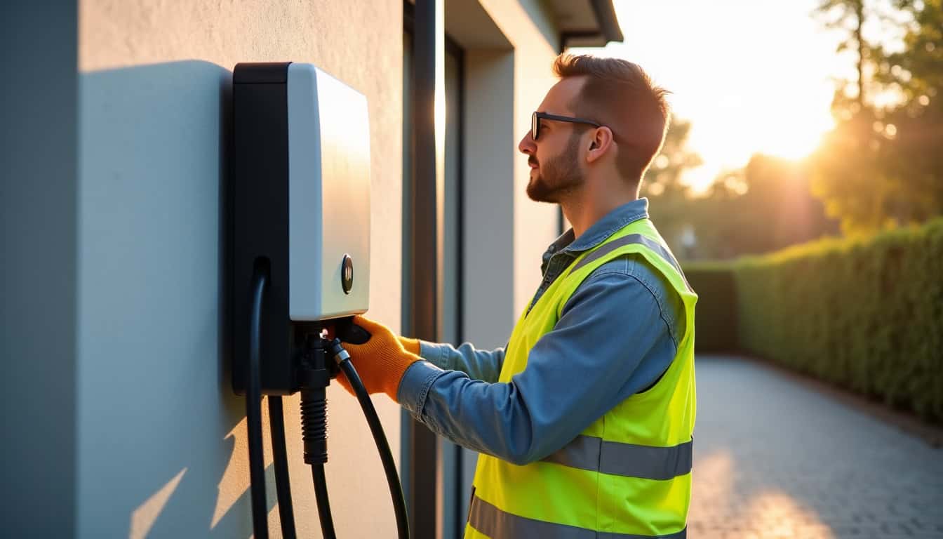 Électricien certifié IRVE en train d’installer une borne de recharge