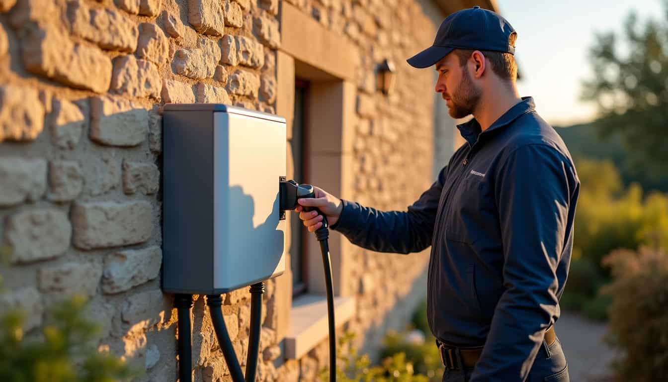 Électricien certifié IRVE installant une borne de recharge à Varages