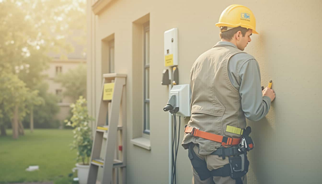 Électricien certifié IRVE installant une borne de recharge sur un mur extérieur d