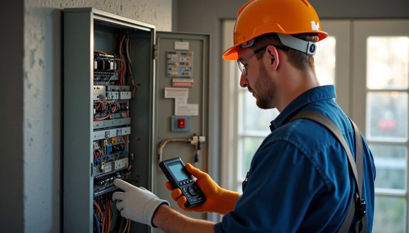 Électricien certifié IRVE vérifiant un tableau électrique avant installation d
