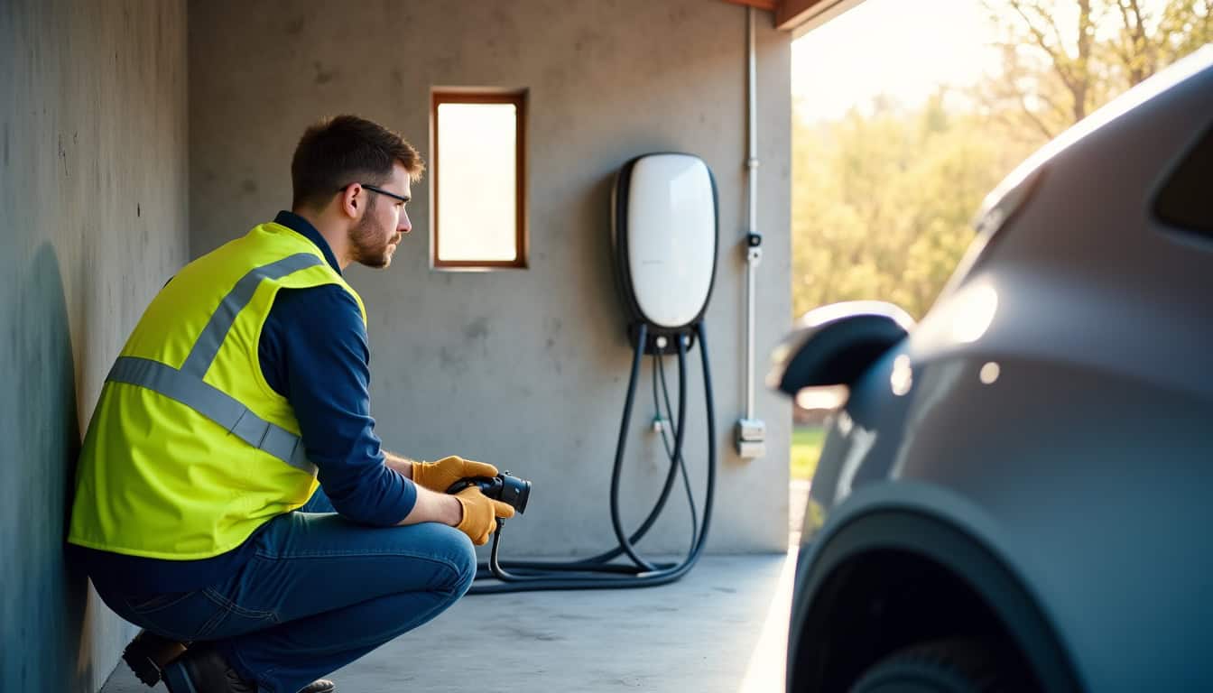 Électricien certifié RGE en train d’installer une borne de recharge dans un garage à Troarn