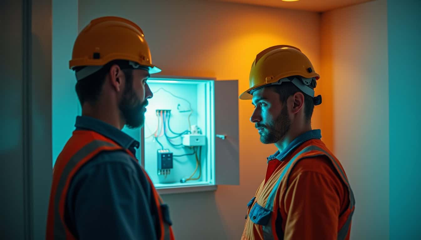 Électricien discutant avec un propriétaire devant un tableau électrique ouvert
