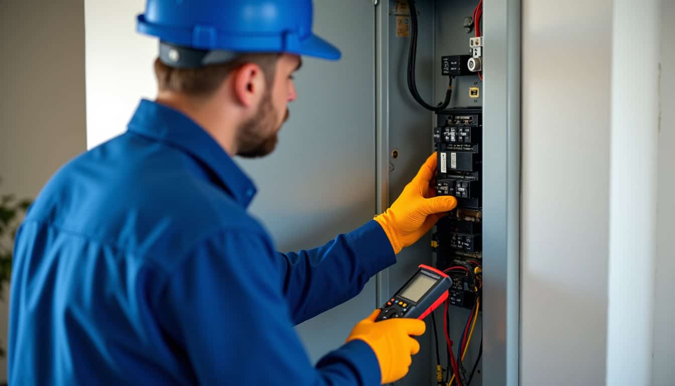 Électricien effectuant des mesures sur un tableau électrique avant installation d