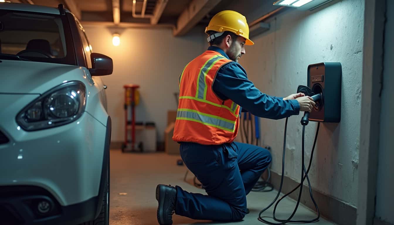 Électricien en tenue de travail installant une borne de recharge électrique dans un garage à Le Fenouiller