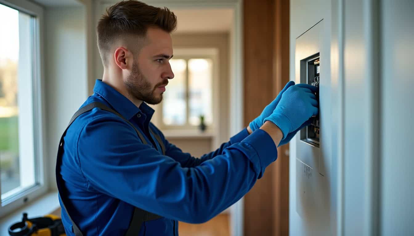 Électricien en tenue de travail vérifiant le tableau électrique avant installation d