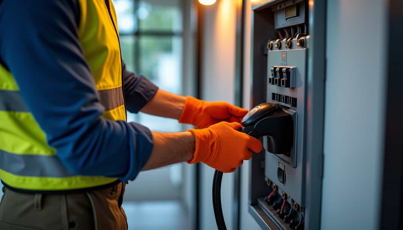 Électricien en train de connecter une borne électrique à un tableau électrique dans une maison