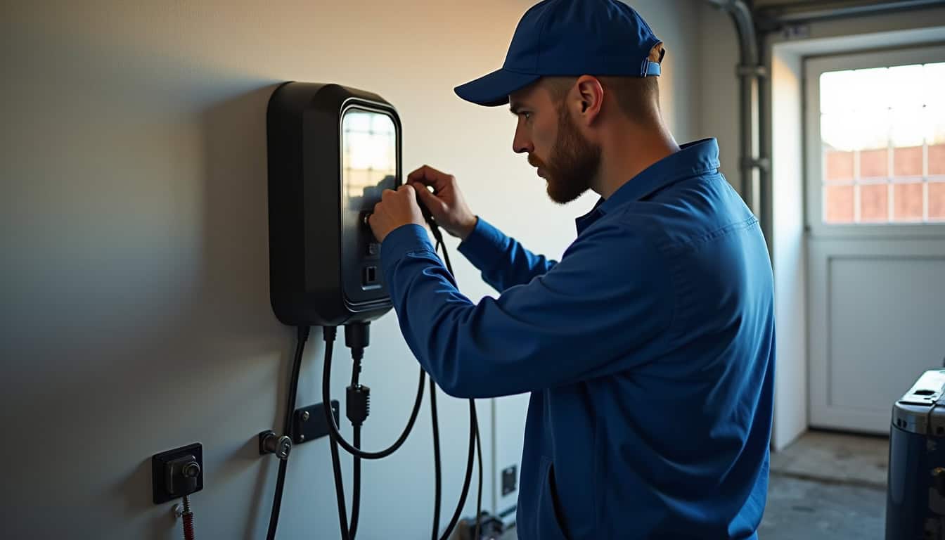 Électricien en train de fixer une borne murale dans un garage à Uxegney