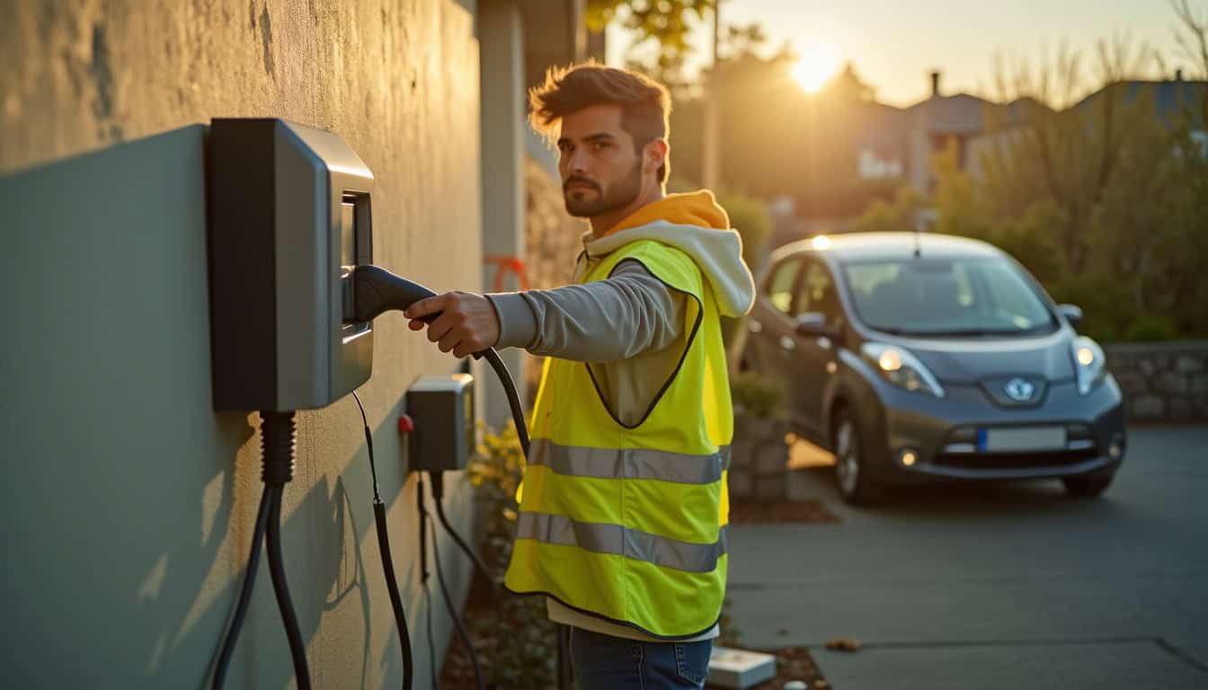 Électricien en train de poser une borne de recharge à Charny