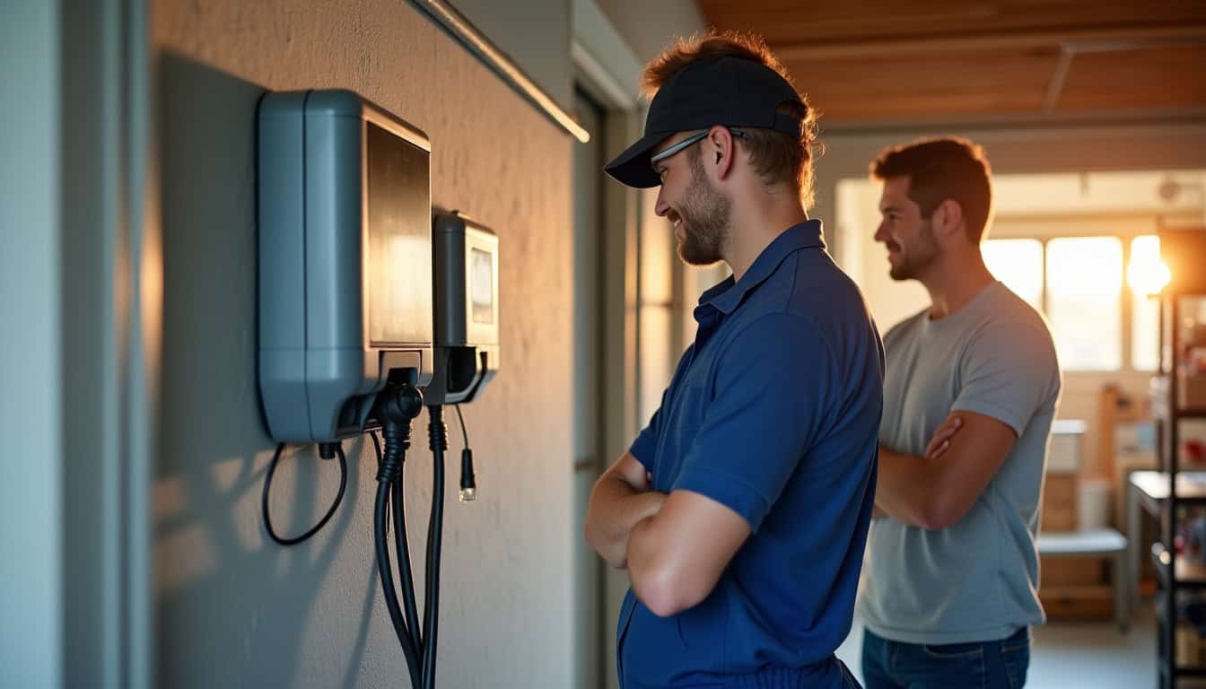 Électricien en train de poser une borne de recharge dans un garage à Landudec en présence du propriétaire
