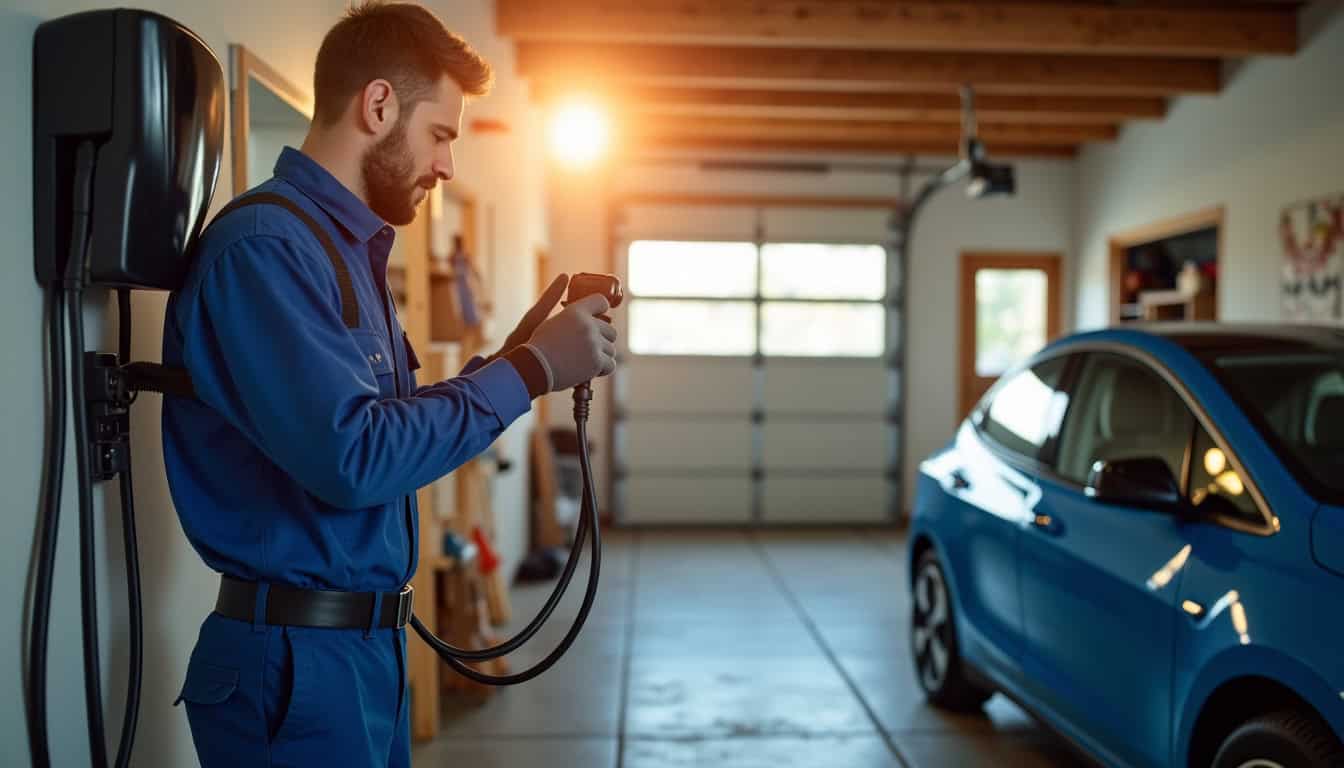 Électricien en train de poser une borne de recharge dans un garage