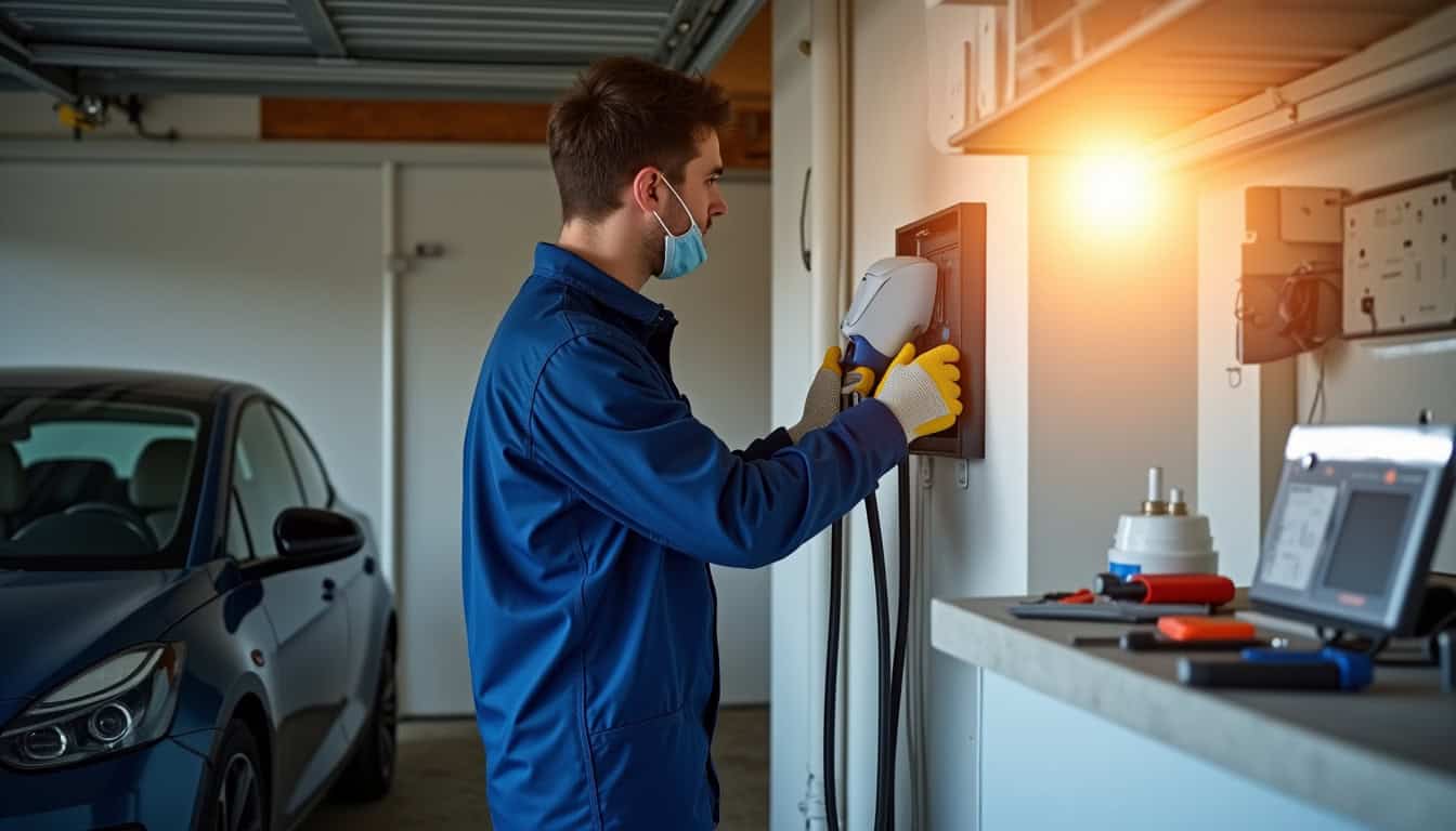 Électricien en train de poser une borne de recharge électrique dans un garage à Les Côtes-d’Arey