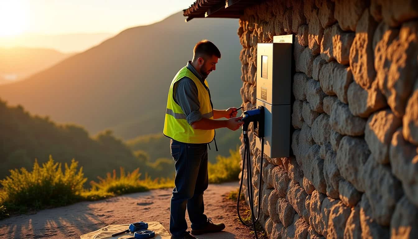 Électricien en train de raccorder une borne de recharge à Cilaos