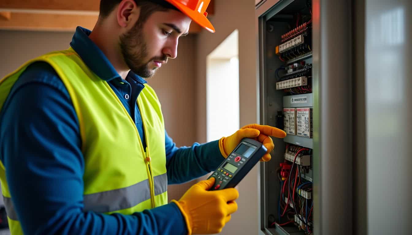 Électricien en train de réaliser un diagnostic électrique avant installation d