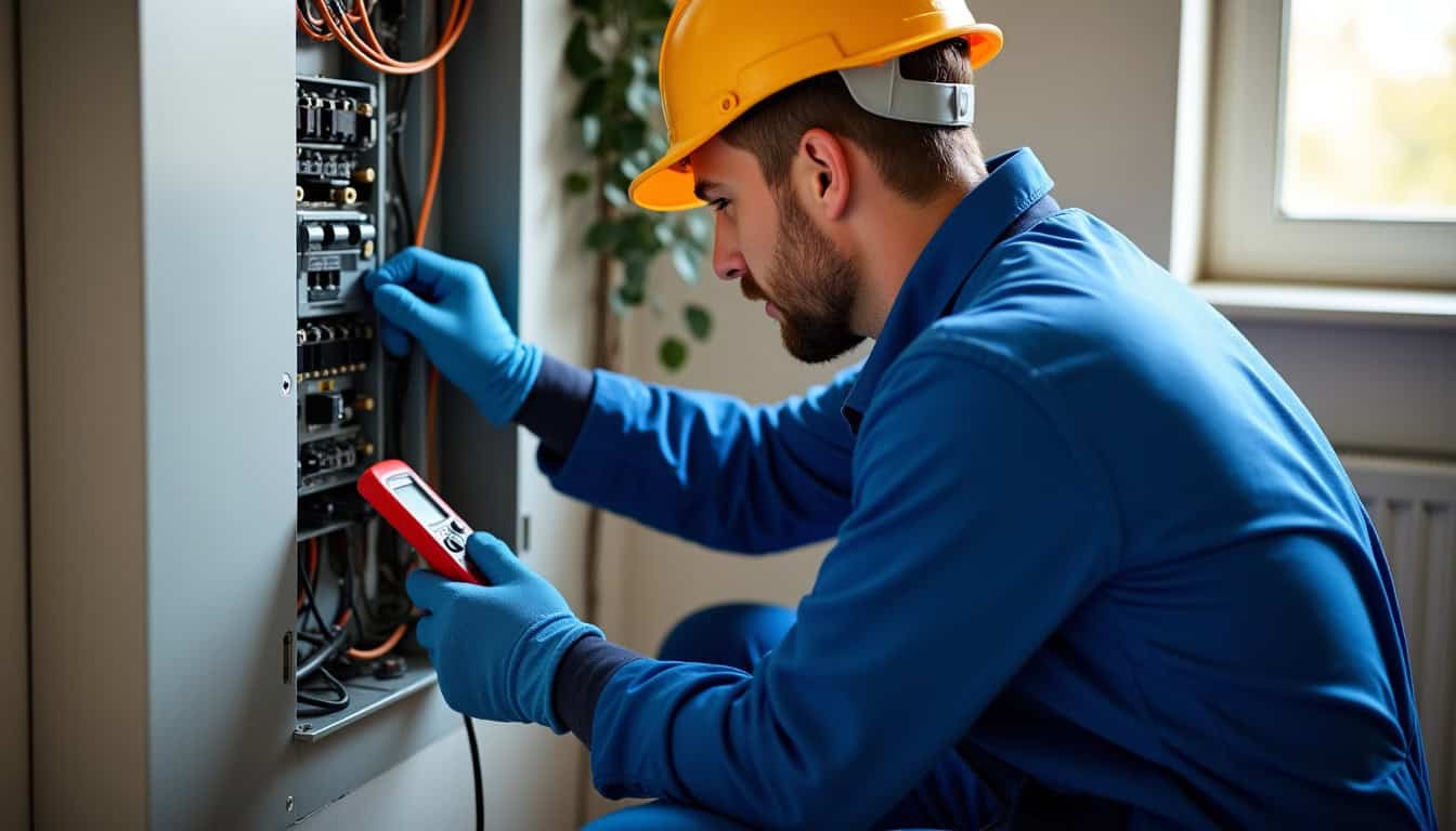 Électricien en train de réaliser un diagnostic électrique avant l