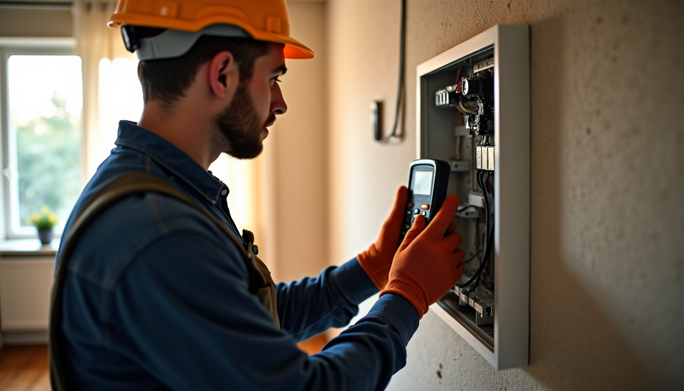 Électricien en train de réaliser un diagnostic électrique dans une maison à Zegerscappel