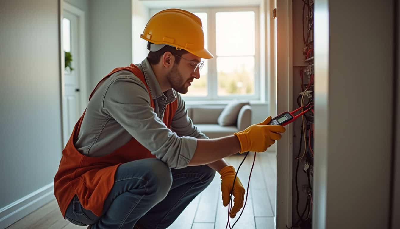 Électricien en train de réaliser un diagnostic électrique dans une maison avant installation de borne