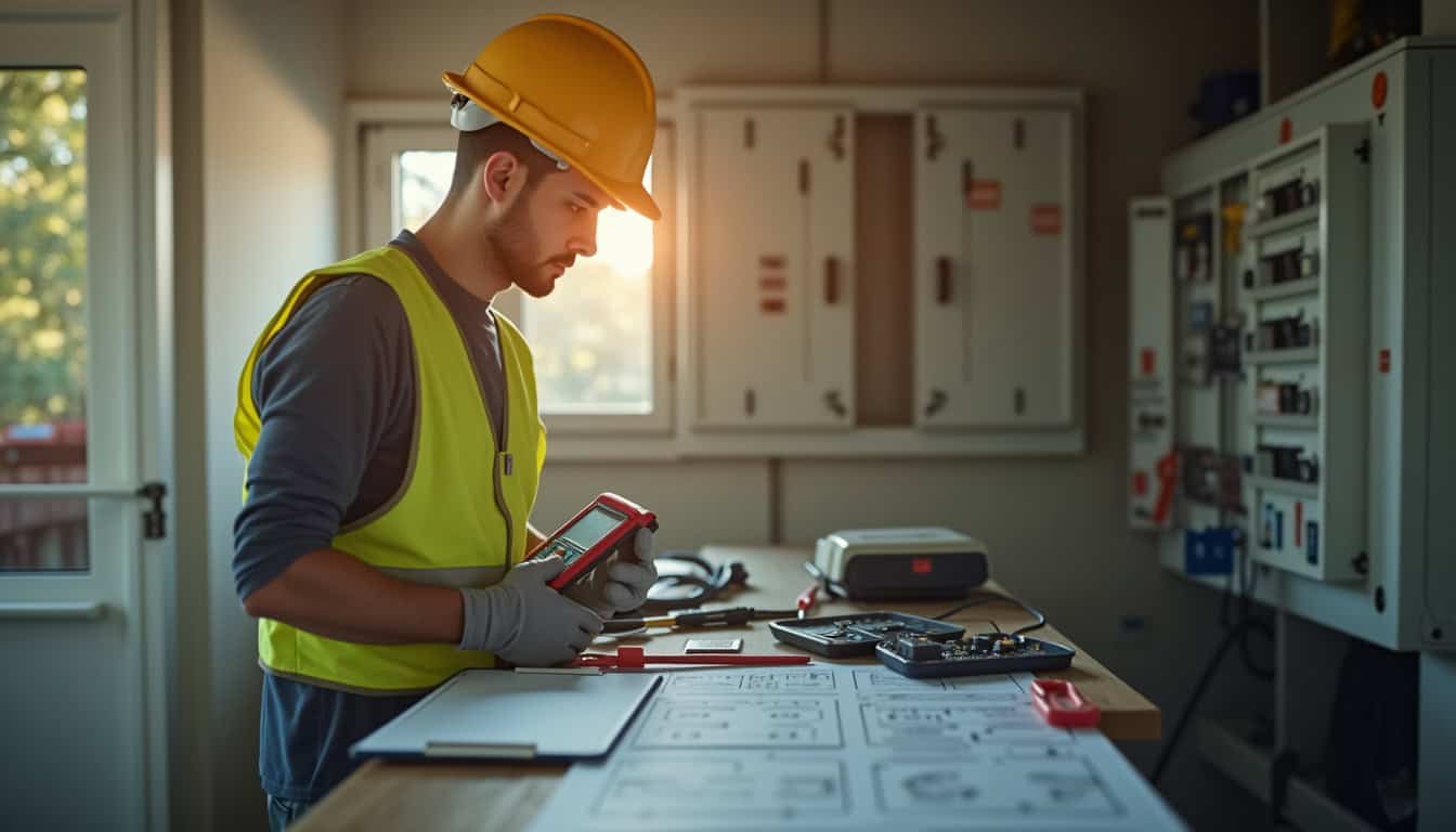 Électricien en train de réaliser un diagnostic technique sur une installation électrique à Saint-Bômer-les-Forges