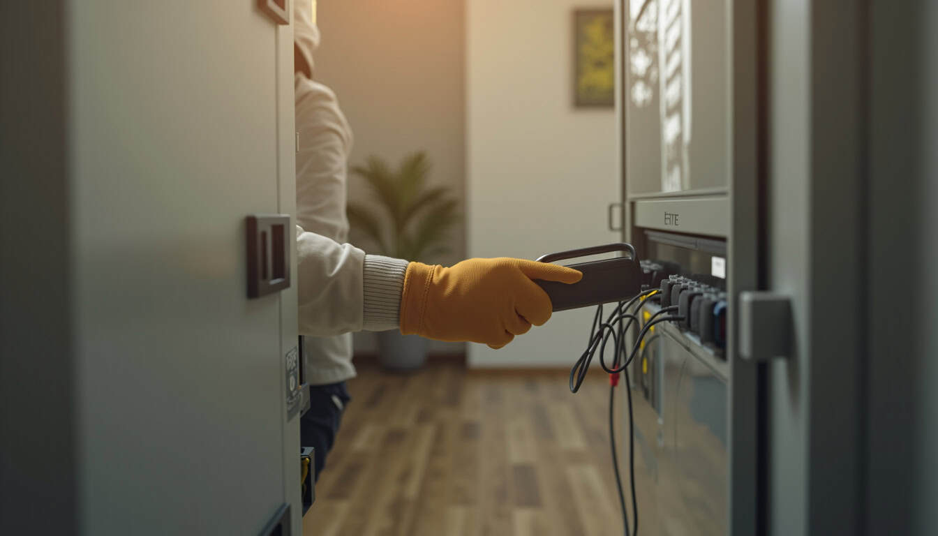 Électricien en train de tester un tableau électrique dans une maison à Nordausques