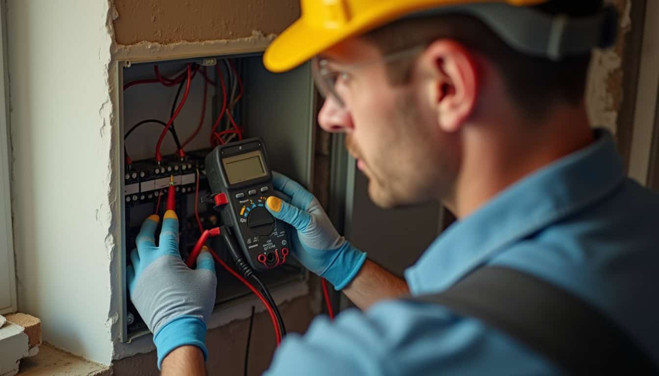 Électricien en train de vérifier le tableau électrique avant l
