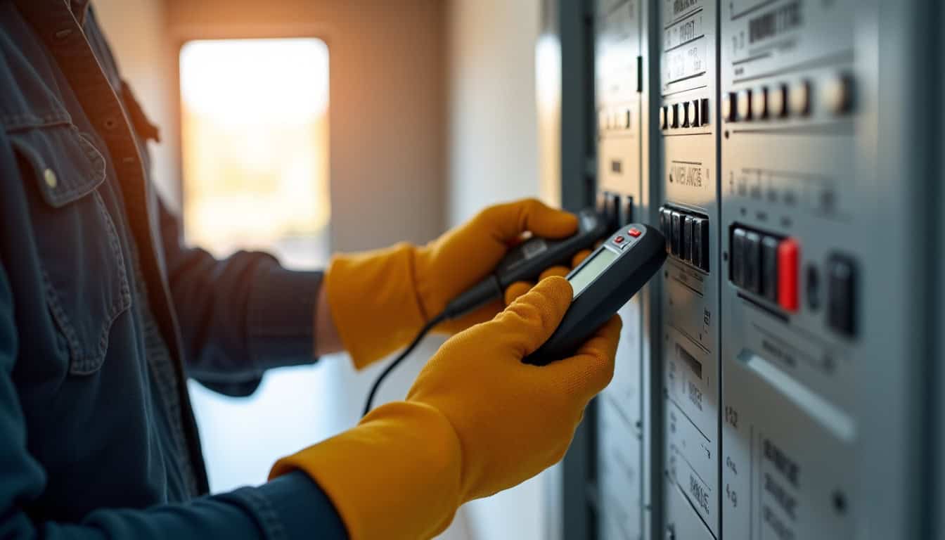Électricien en train de vérifier le tableau électrique pour l