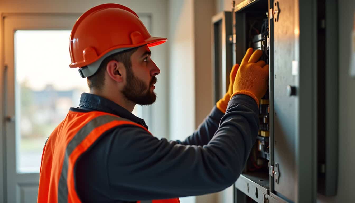 Électricien en train de vérifier un tableau électrique à Plouigneau