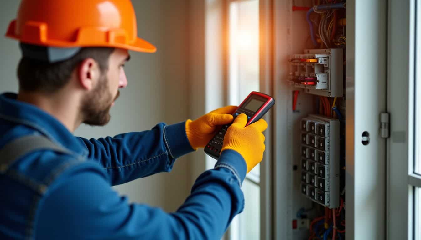 Électricien en train de vérifier un tableau électrique avant l