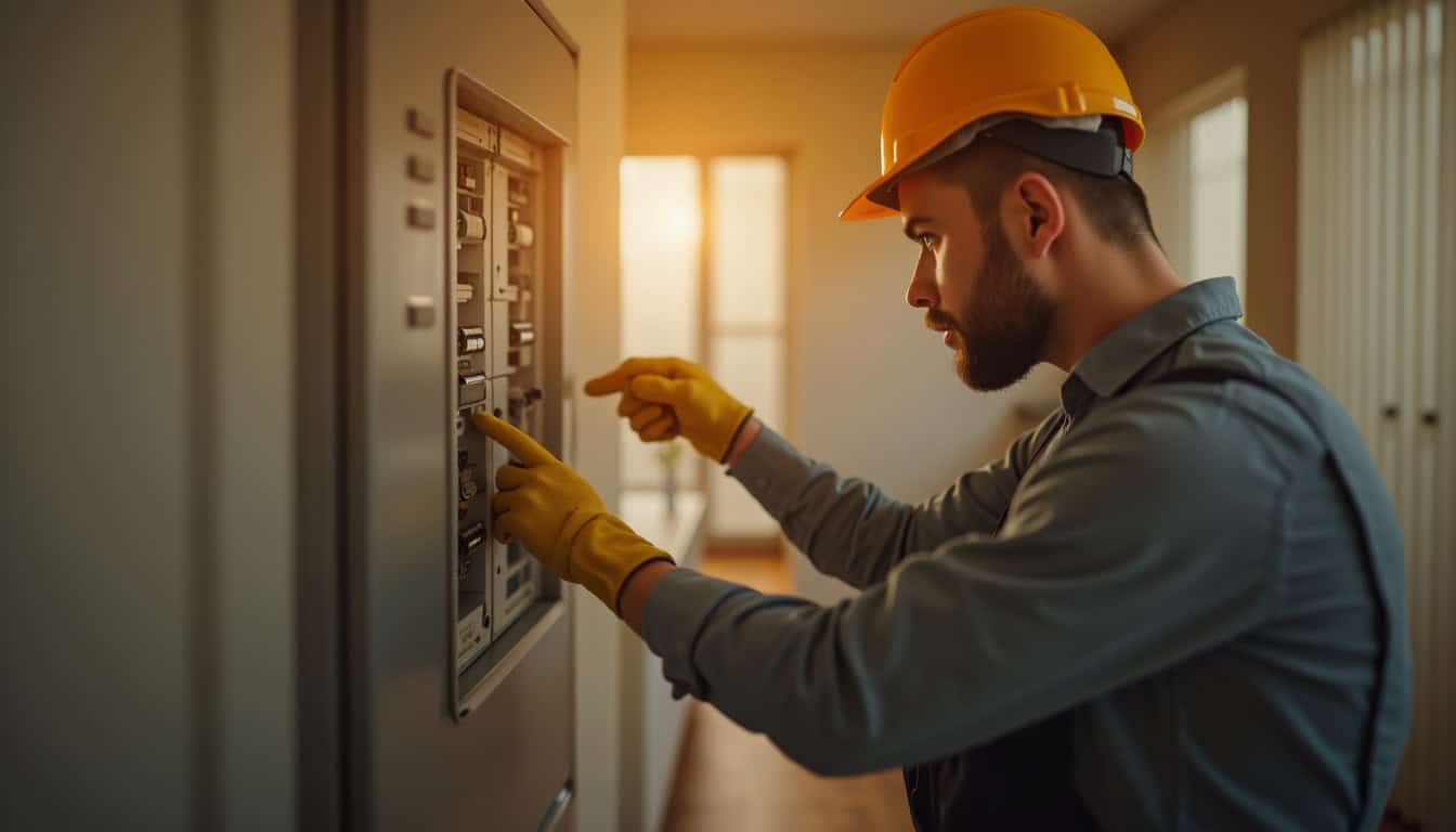 Électricien en train de vérifier un tableau électrique lors d