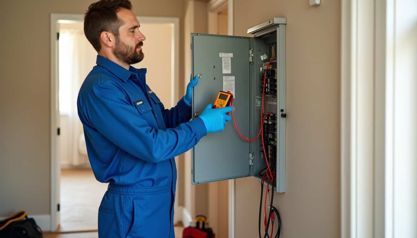 Électricien en train de vérifier un tableau électrique lors d’un diagnostic préalable à l’installation d’une borne de recharge