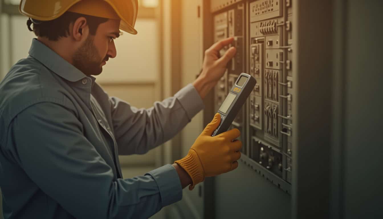 Électricien en train de vérifier un tableau électrique pour l