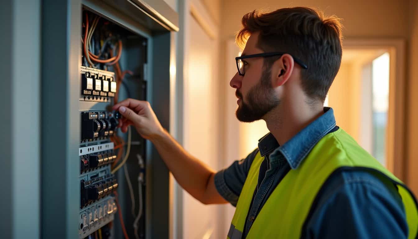 Électricien en train de vérifier un tableau électrique pour une installation de borne