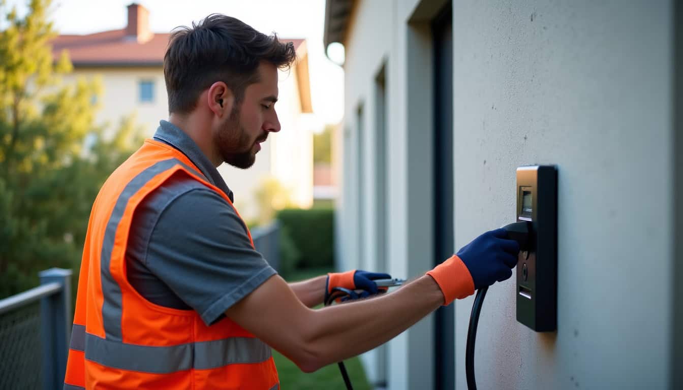 Électricien en train d’installer une borne de recharge à domicile à Villeneuve-Saint-Denis