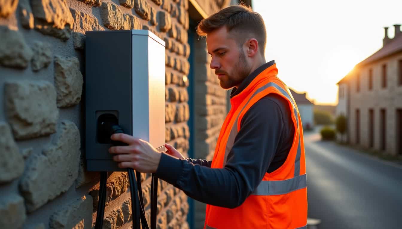 Électricien en train d’installer une borne de recharge à Plouhinec