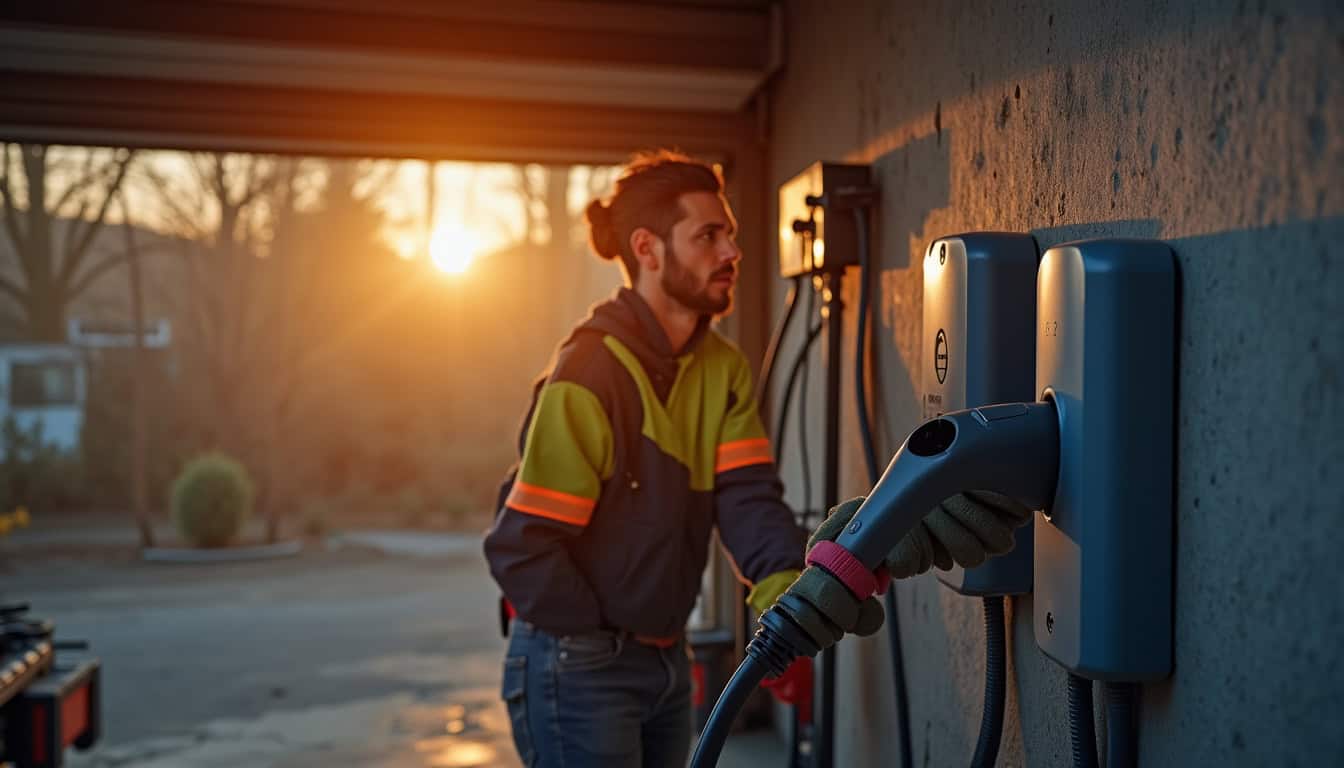 Électricien en train d’installer une borne de recharge dans un garage à Semur-en-Auxois