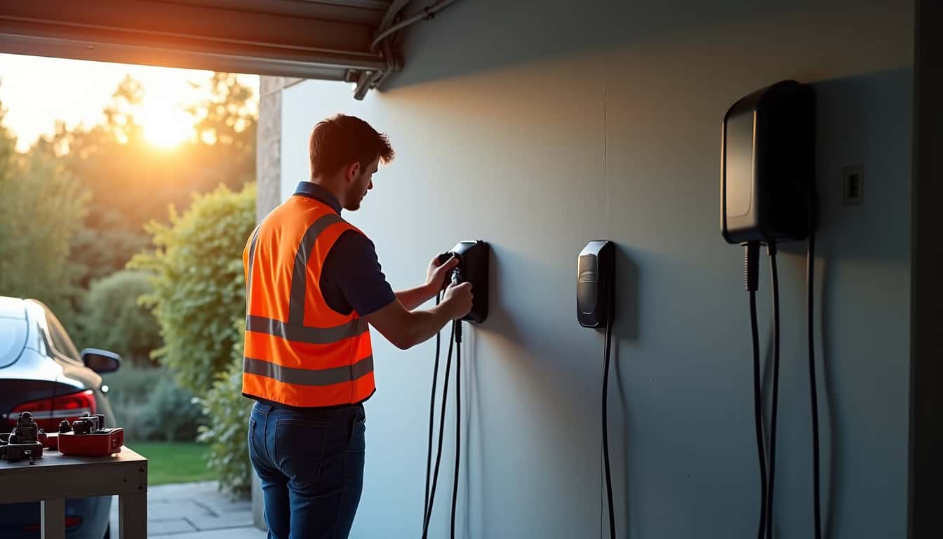 Électricien en train d’installer une borne de recharge dans une maison à Les Loges-en-Josas
