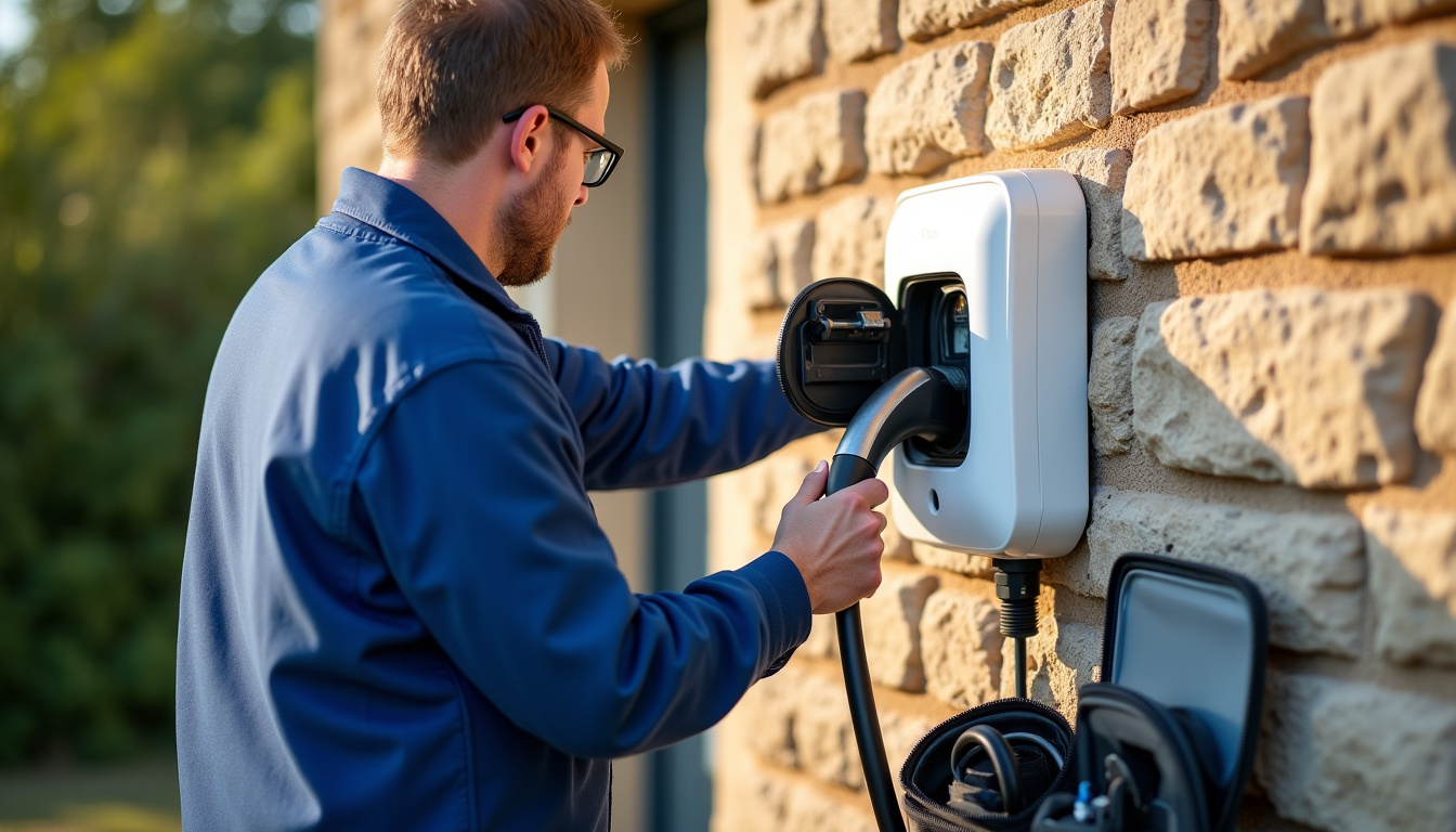 Électricien en train d’installer une borne de recharge dans une maison en Charente-Maritime