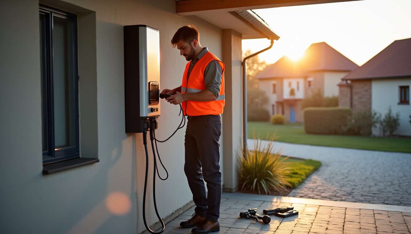 Électricien en train d’installer une borne de recharge électrique à Eschau