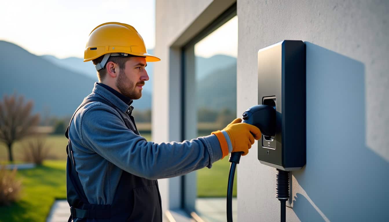 Électricien en train d’installer une borne de recharge électrique à Soyons avec matériel de sécurité
