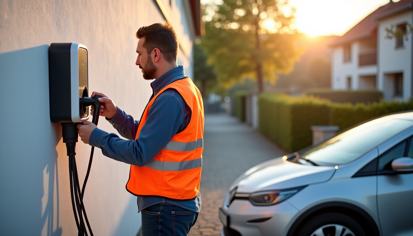 Électricien en train d’installer une borne de recharge électrique à Vézelise