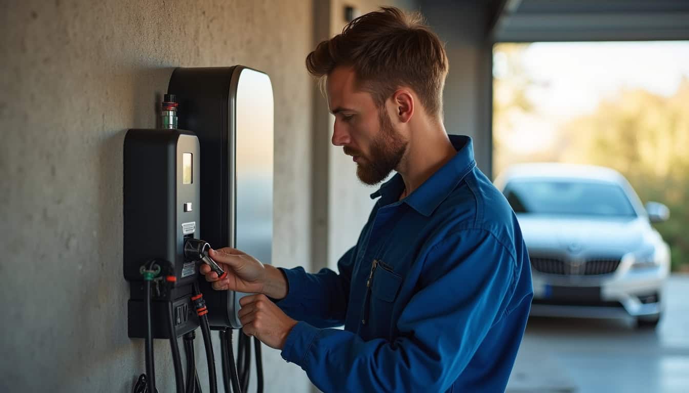 Électricien en train d’installer une borne de recharge électrique dans un garage à Marboué