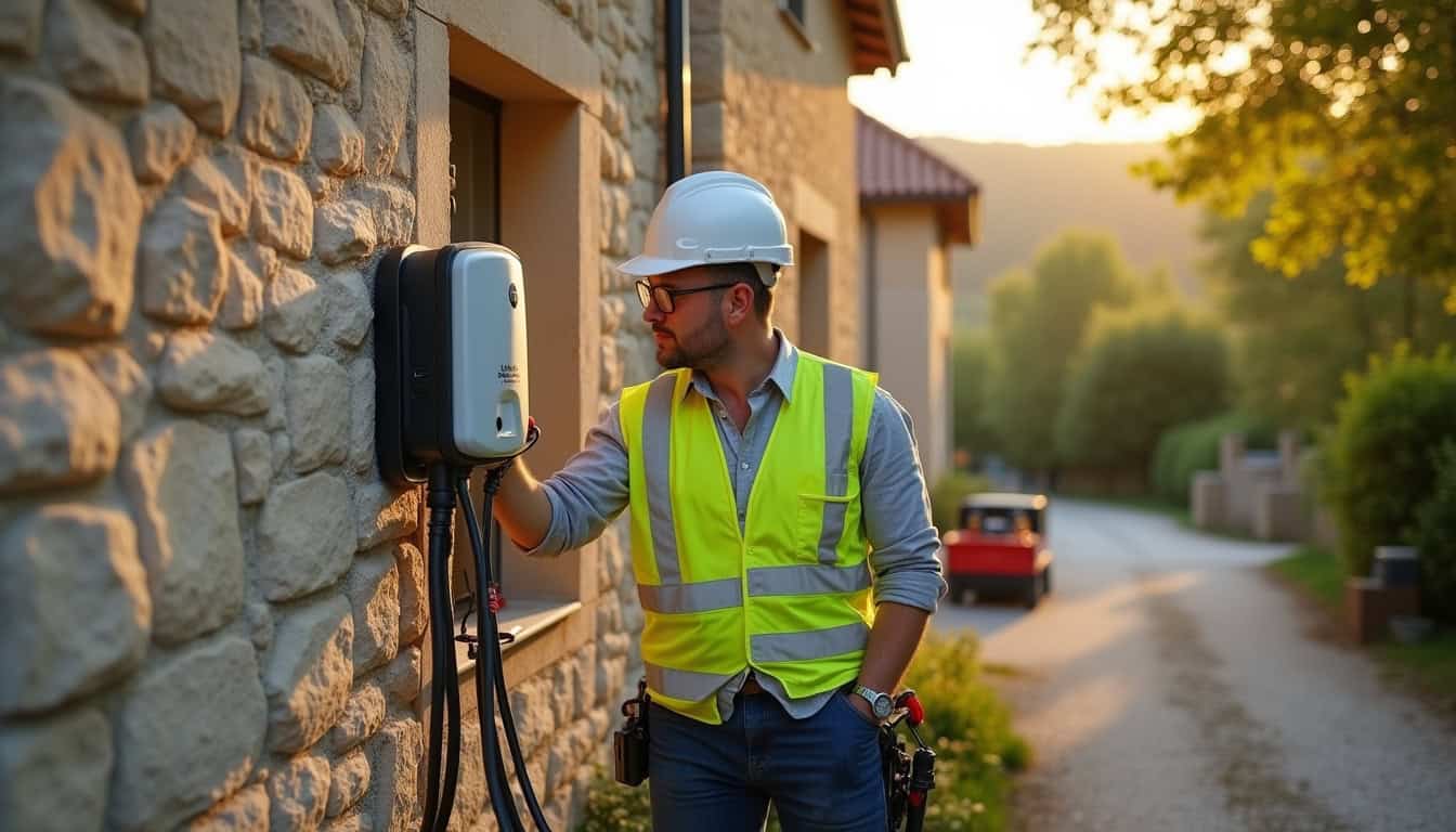 Électricien en train d’installer une borne de recharge électrique sur une façade extérieure