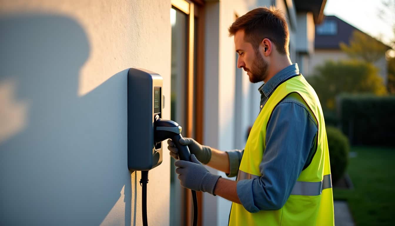 Électricien en train d’installer une borne de recharge murale à Grossœuvre
