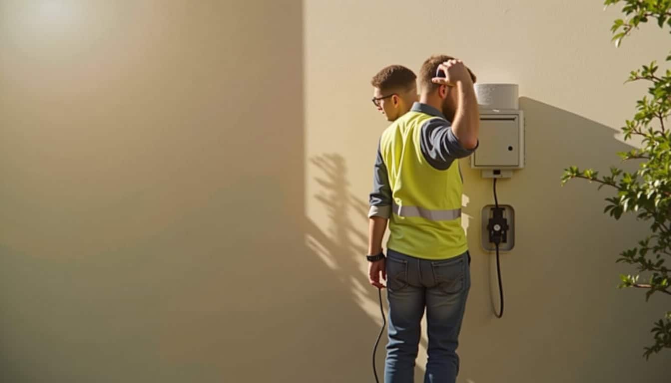 Électricien en train d’installer une borne de recharge murale chez un particulier à Auzances