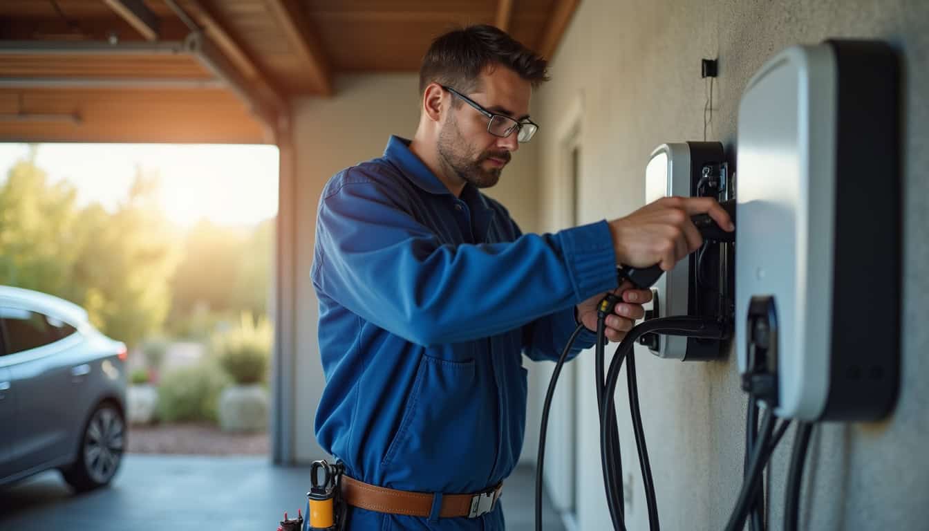 Électricien en train d’installer une borne de recharge murale dans un garage à Voiron