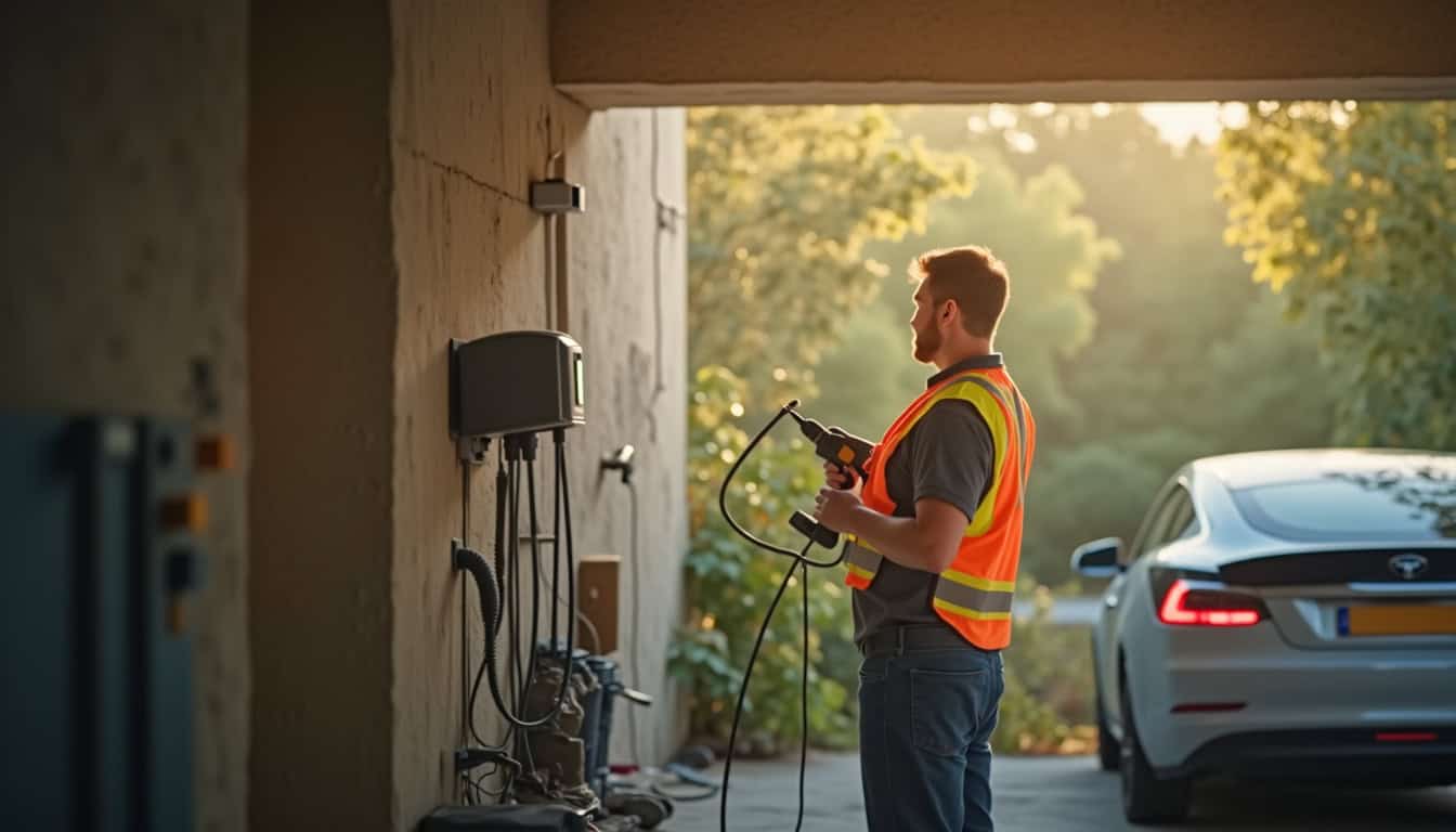 Électricien en train d’installer une borne de recharge murale dans un garage privé