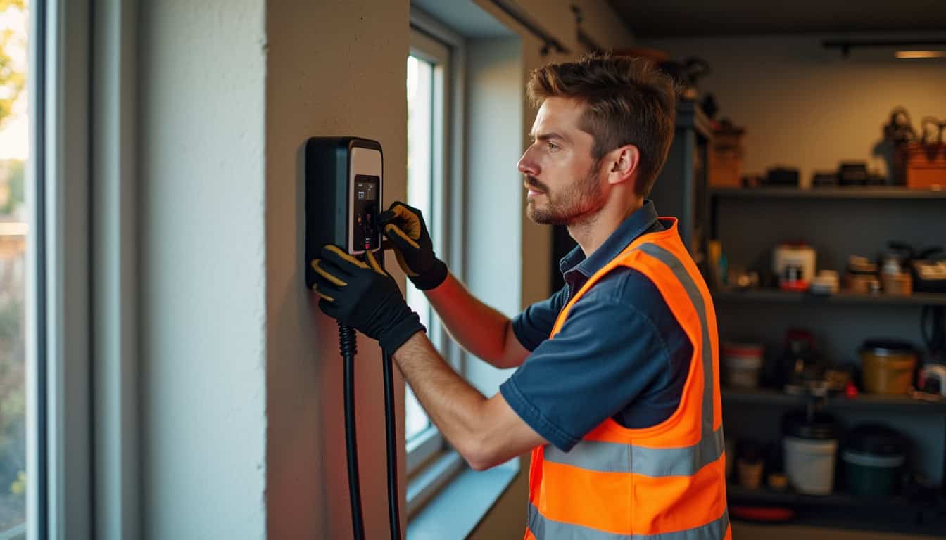 Électricien en train d’installer une borne de recharge murale dans un garage résidentiel, avec câblage en cours de pose