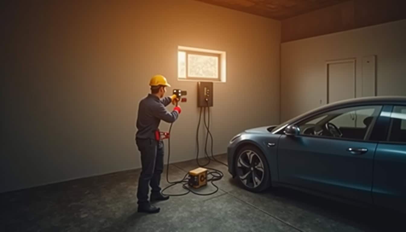 Électricien en train d’installer une borne de recharge murale dans un garage