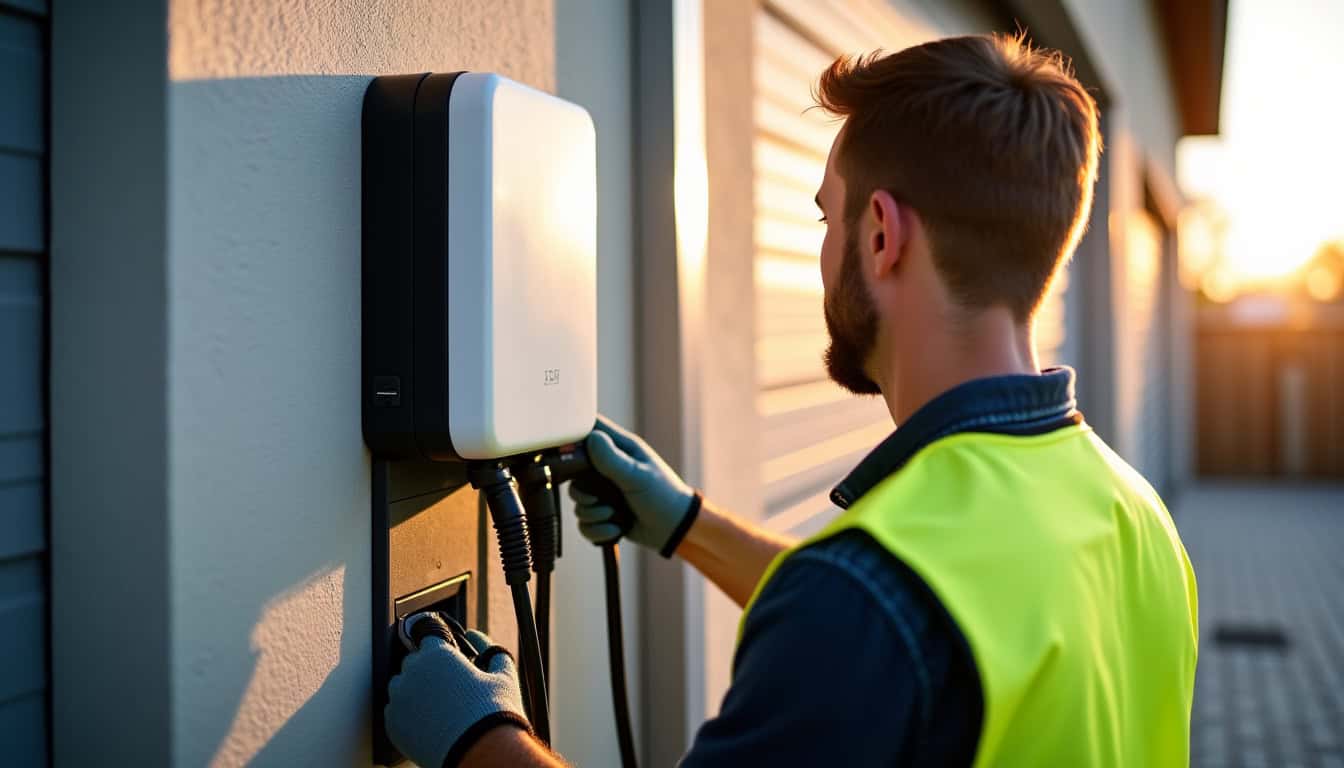 Électricien en train d’installer une borne de recharge pour voiture électrique à Guérard, respectant les normes de sécurité
