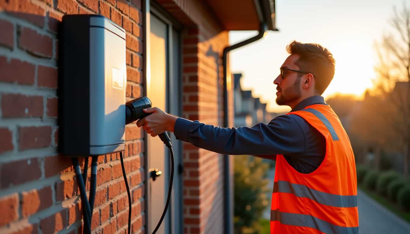 Électricien en train d’installer une borne de recharge sur un mur extérieur d’une maison à Aulnois-sous-Laon